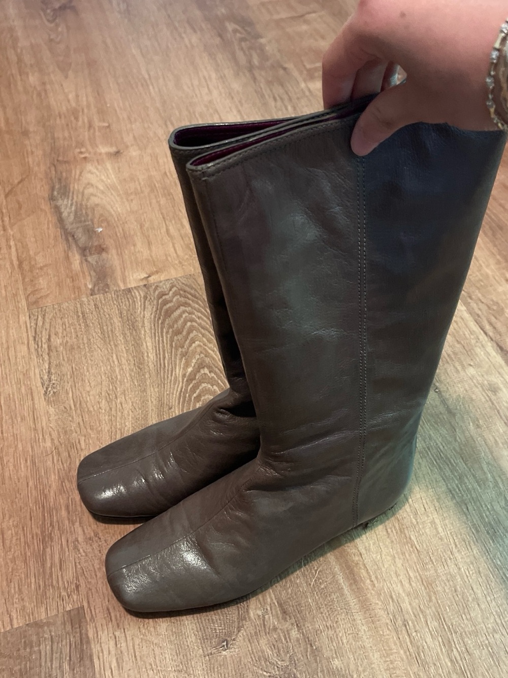 Coach Tall Leather Boots in Dark Brown with Burgundy Lining